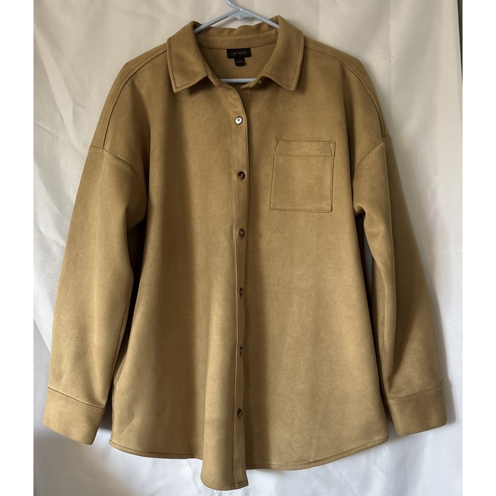 J Jill Women's Faux Suede Super Soft Stretch Shirt Shacket Tan Button Up L